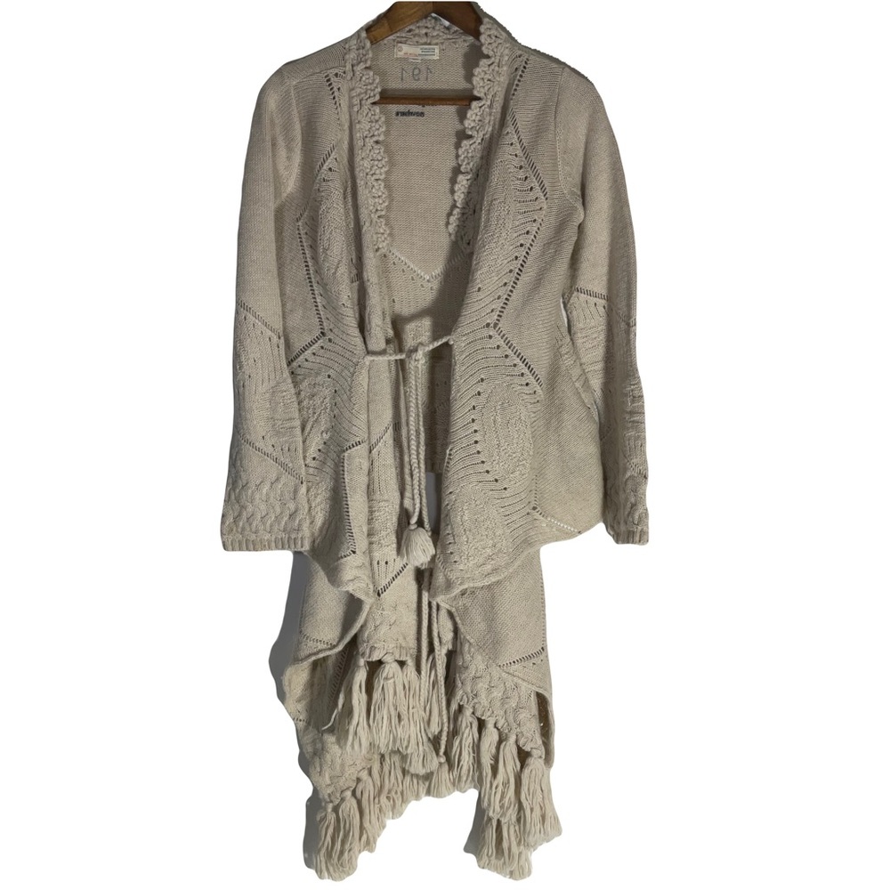 ODD MOLLY Asymmetrical Front Back Crochet Long Sleeve Double Tie Front Tassels 2